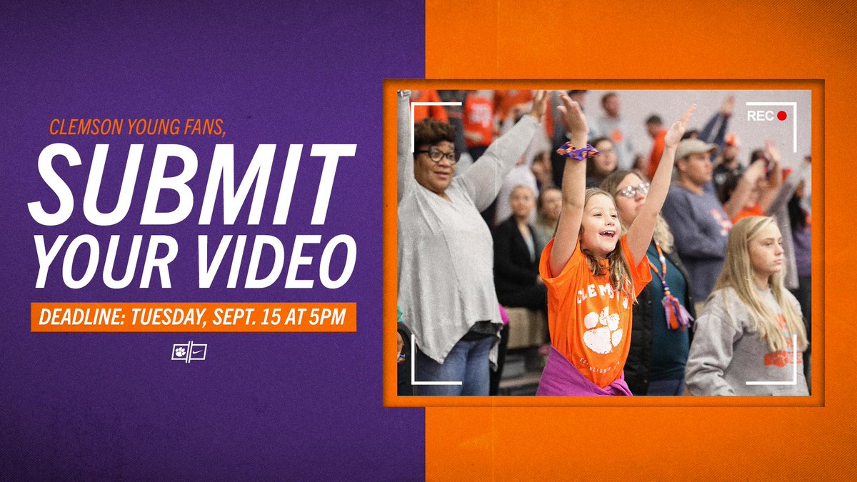 ClemsonVB's tweet photo. 🐅🤳 Calling all young Tiger Fans — do you want to be an exclusive part of #ClemsonVB🏐 gameday?

👉 Send us your best “good luck” video for a chance to be featured on our videoboard before our players take the court!

🗓 Deadline: Sept. 15th at 5 p.m.

https://t.co/wGWI4FG2MV https://t.co/uI84fIRPkZ