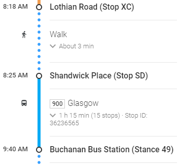 After a short walk (Edinburghers would normally use a horse and carriage, but times are hard..) the staff member or student gets on their next bus, the 900 to Glasgow (called that because Glasgow is 900 times cooler than Edinburgh obviously)1hr 15min, and 15 stops... read on..