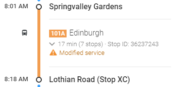 So, stage 1:Getting the 101A (101, eh? surely if it's Edinburgh... anyway...) the staff memeber or student has to travel 7 stops to get to their first changign point. 7 stops, 17 minutes.Read on....
