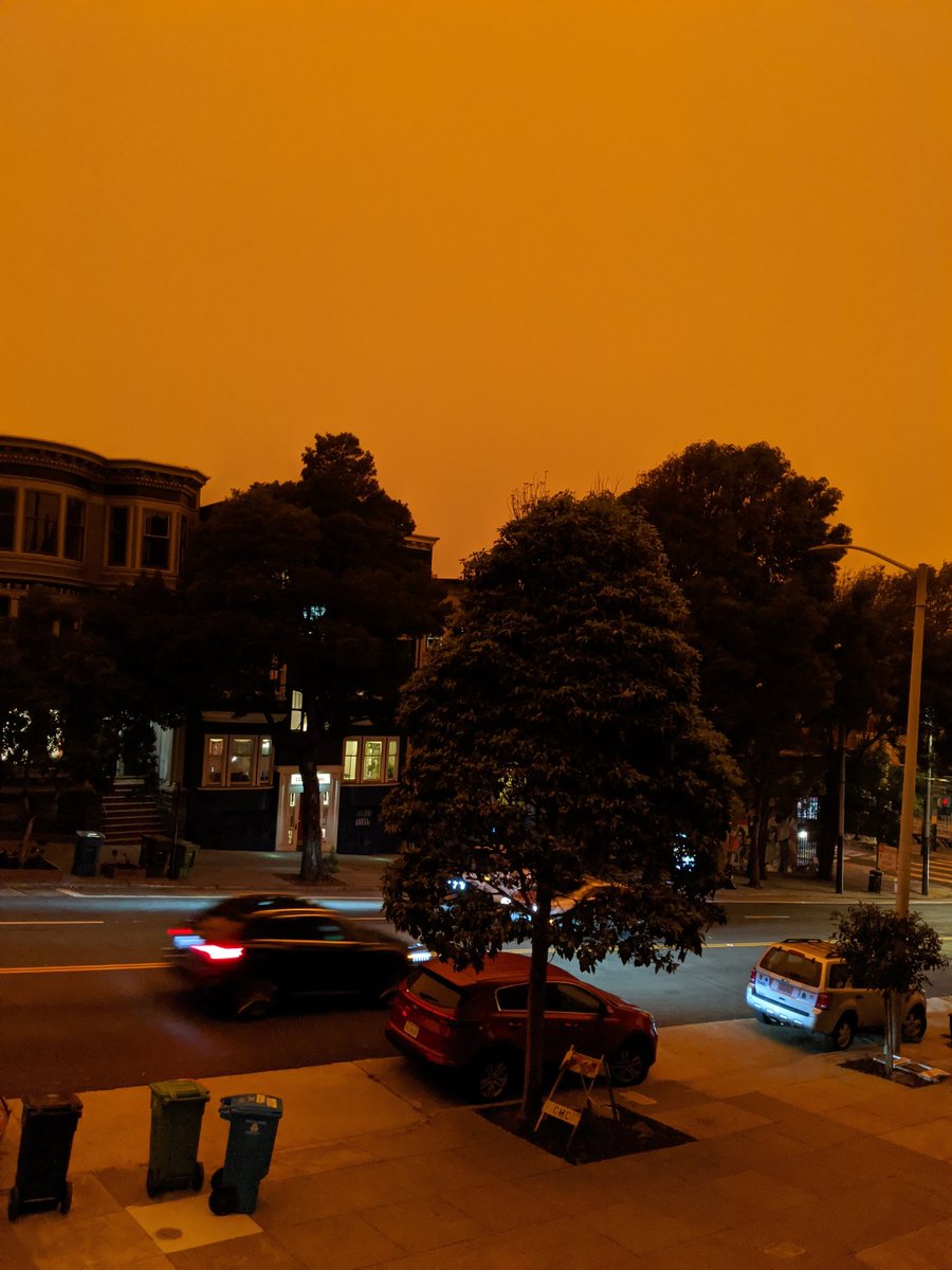 DazedRv's tweet photo. Today is a strange day.   It's   almost 10 am and the sky is dark as night and orange.  The picture is actually lighter than the real sky. https://t.co/vm65zJ8kOj