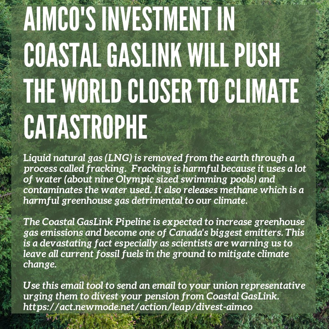 On a green forest-y background, a title reads "AIMCo's investment in Coastal GasLink will push the world closer to climate catastrophe." The paragraph below reads "Liquid natural gas (LNG) is removed from the earth through a process called fracking. Fracking is harmful because it uses a lot of water (about nine Olympic sized swimming pools) and contaminates the water used. It also releases methane which is a harmful greenhouse gas detrimental to our climate.
The Coastal GasLink Pipeline is expected to increase greenhouse gas emissions and become one of Canada's biggest emitters. This is a devastating fact especially as scientists are warning us to leave all current fossil fuels in the ground to mitigate climate change. Use this email tool to send an email to your union representative urging them to divest your pension from Coastal GasLink. https://act.newmode.net/action/leap/divest-aimco"