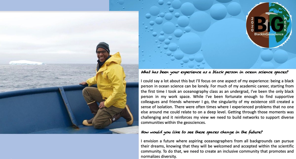 BlkinGeoscience's tweet photo. We also communicated with Dr. Earle Wilson, a postdoc at Caltech. @eadoubleu's work in polar oceanography and ice-ocean interactions focuses on dynamics of polar gyres in the Southern Ocean and their impact on the ocean's overturning circulation. #BlackInHydrosphere #BiGRollcall https://t.co/fpVsptoSWU