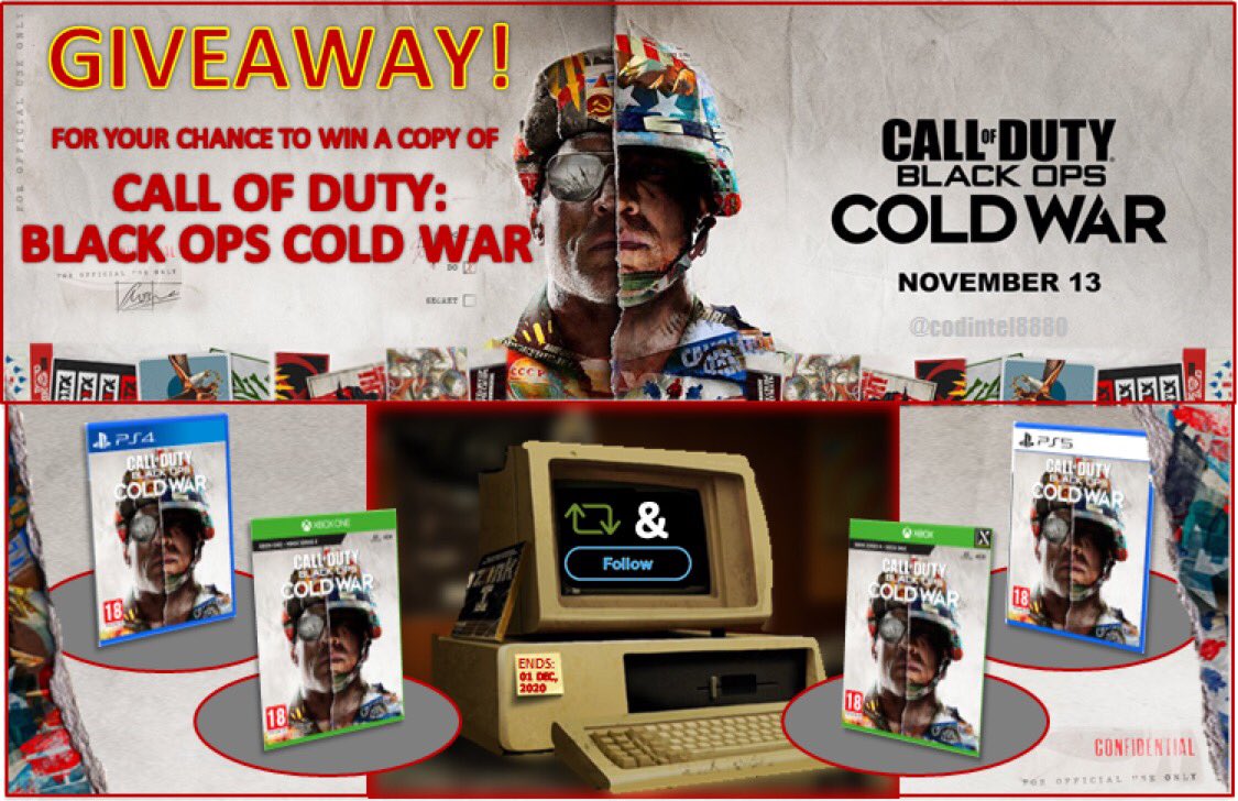 ***GIVEAWAY***

For the Chance to WIN a Copy of Call Of Duty: Black Ops Cold War, on a Platform of your choice: PS4, PS5, XB1 or Xbox Series X/S, all you need to do is:

• RETWEET THIS TWEET 
• FOLLOW US (If you’re not already) 

Thanks for the Continued Support 💙 Good Luck!