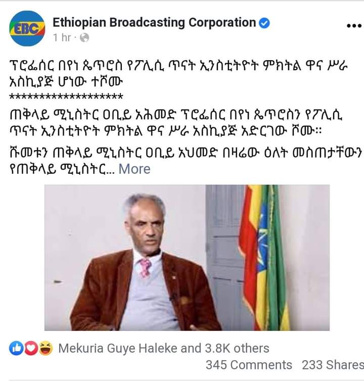 "የስልጣን ጥም" የሚሉት ነገር አሉባልታ ይመስለኝ ነበር። የፕሮፌሰር በየነን ሹመት አይቸ አረጋግጫለሁ። ምነዉ ሸዋ! ሕይወት አላማ የለዉምንዴ? እኒህ አዛዉንት ይሄ ሹመት በዚህ እድሜያቸዉ ምን ሊሰራላቸዉ ነዉ? ነዉር አይደለምንዴ?