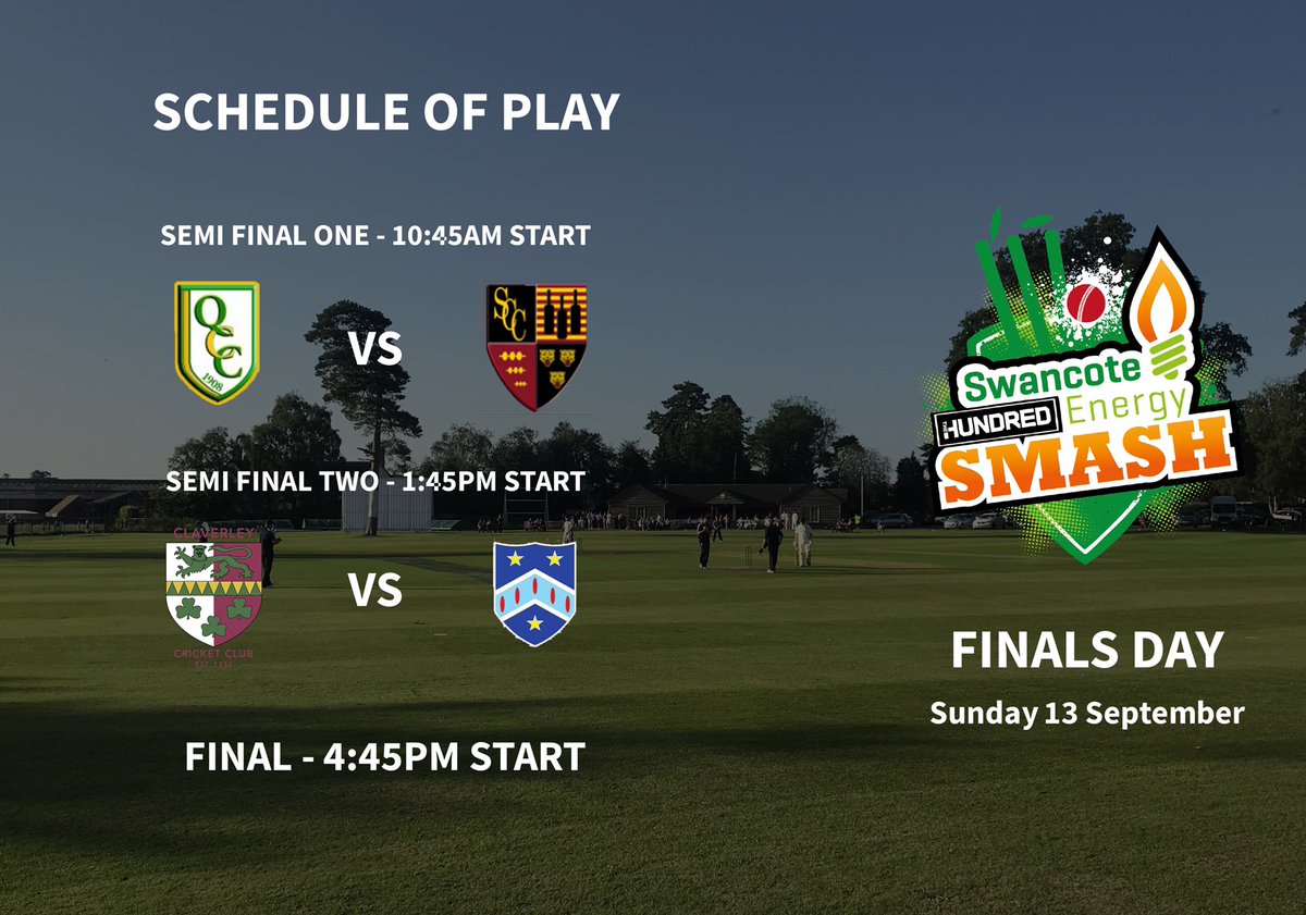 WorfieldCC's tweet photo. 🏏🌤4 DAYS TO GO🌤🏏

Here is the schedule of play ahead of the Swancote Energy Smash Finals Day...

Semi final 1 - 10:45am
Semi final 2 - 1:45pm

Final - 4:45pm

BBQ, Bar and music on ALL DAY 🍺🌤🎵🍔

Info will be released tomorrow about our safety regulations on the day! https://t.co/ZUgopN6DfO