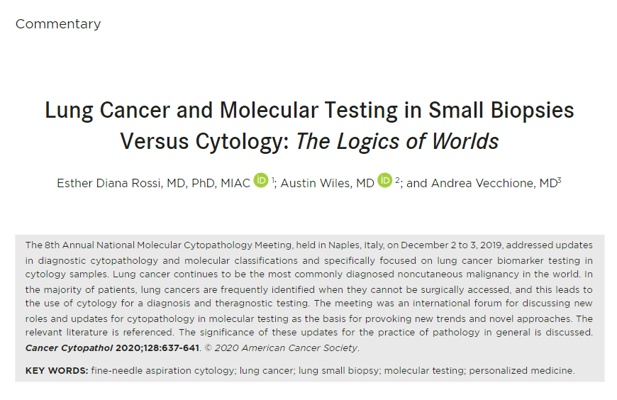 CancerCytopath's tweet photo. The #MolCytoPath19 Meeting held in Naples addressed updates in diagnostic #CytoPath and molecular classifications of #LungCancer. The significance of these updates is discussed in this commentary by @DianaEstherossi et al: https://t.co/dx3wpR5vom https://t.co/duEgmBxgDO