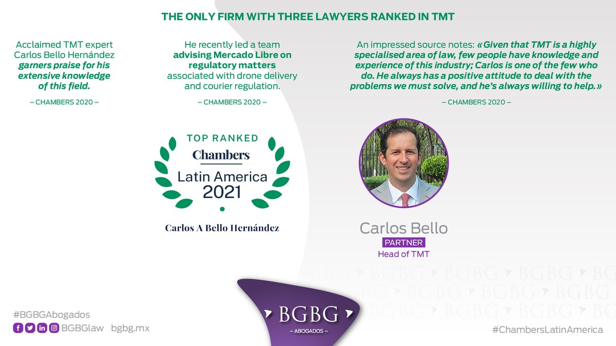 BGBGlaw's tweet photo. Acclaimed TMT expert Carlos Bello (@carlitosbello) was TOP RANKED in Chambers Latin America 2021 (@ChambersGuides), #BGBGLaw partner head of TMT.

https://t.co/3I4oaUwNJM

The only firm with three lawyers ranked in #TMT.

Congratulations 👏 https://t.co/xf5RUykiFk