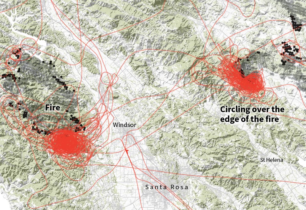 This map shows Cal Fire OV-10 flights around the LNU complex fires on the afternoon of August 22. Flight path data from  @flightradar24 shows how five planes covered the area, staying in the air for hours