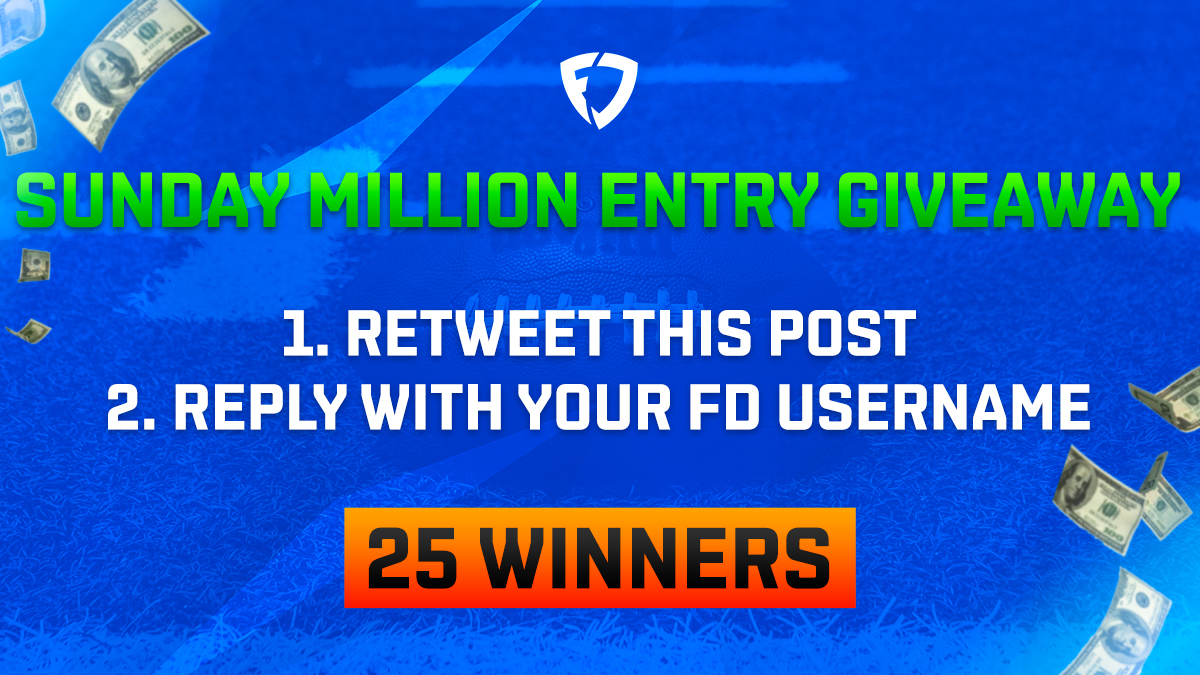 We’re giving away 25 FREE entries into our $3.3M NFL Sunday Million contest on September 13th!

To enter:
1⃣ RT this post
2⃣ Reply with your <a href="/FanDuel/">FanDuel</a> username

Random winners will be entered on 9/13. 
Rules: bit.ly/3hjpunv