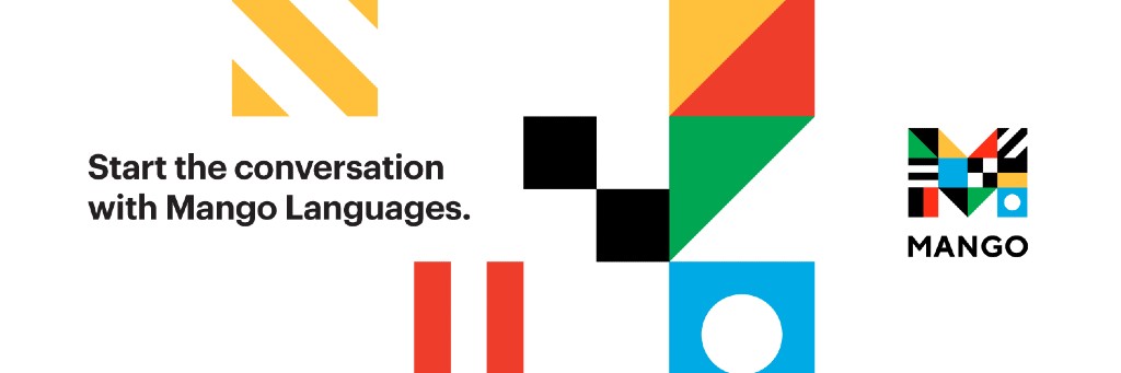 a stylized logo of the words mango in abstract shapes and multiple colors