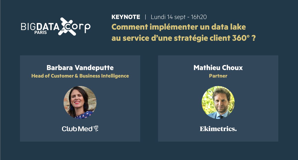 Rejoignez nous ce lundi 14/09 à 16h20 au salon <a href="/bigdataparis/">BIG DATA & AI PARIS</a> pour savoir "Comment implémenter un #datalake au service d'une stratégie client 360°" : bit.ly/2F2W0NZ Avec B. Vandeputte <a href="/ClubMedFR/">Club Med France</a> et M. Choux <a href="/ekimetrics/">Ekimetrics.</a>.
#AI #BigData