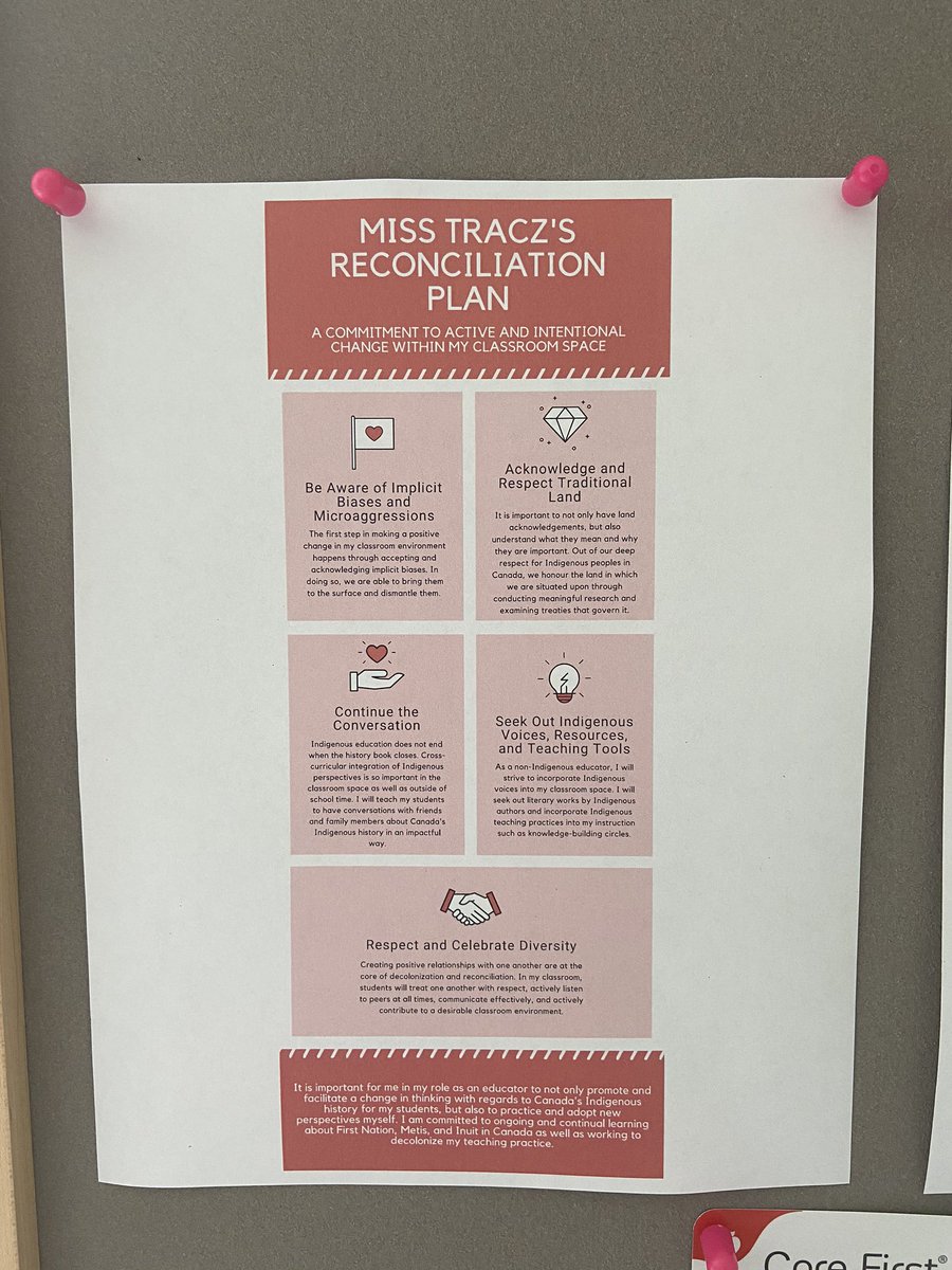 Miss_Tracz's tweet photo. A great activity from First Nations, Métis and Inuit Studies Intermediate ABQ this past summer with @OISE_CPL. I’ve put my reconciliation plan up in my classroom so that I can refer to it frequently and actively incorporate it into my teaching practice. #decolonizeyourclassroom https://t.co/vjNuygeQvd