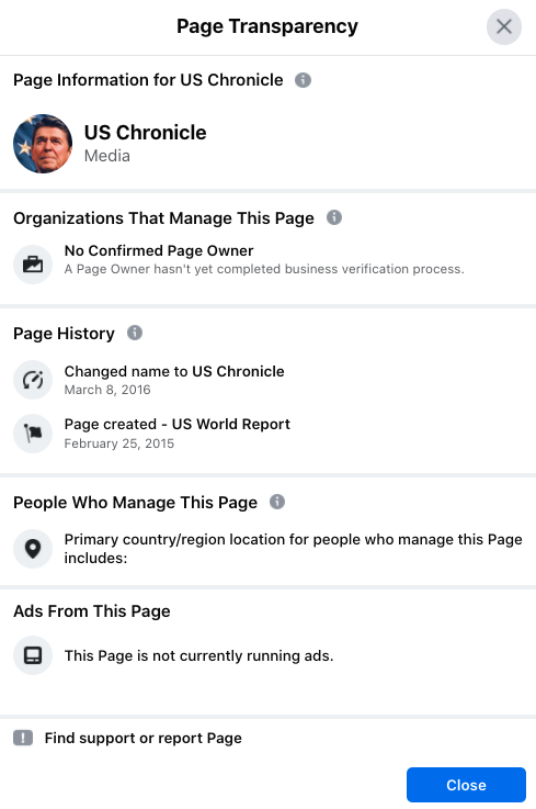 (5) Kinda weird: The #3 site, US Chronicle, despite having nearly 3million page likes, has no blue check, and no apparent Page owner, nor any information listed for who is running the page. 