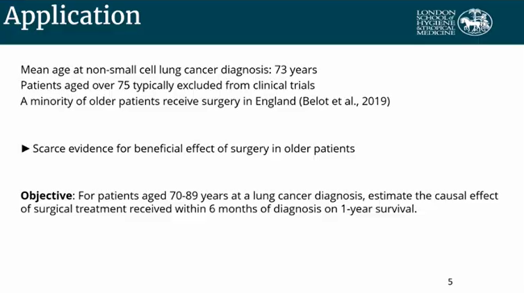 5/n  @camaringe presented a second example using target trial emulation to estimate the causal effect of surgical treatment on survival in patients with lung cancer diseaseIn this example, the issue of immortal-time bias (time between diagnosis and treatment) was highlighted