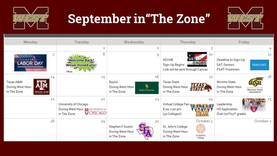 MWHSZONE's tweet photo. September in The College &amp; Career Center "The Zone."  Check your College &amp; Career Canvas Course for details and Sign-Ups! https://t.co/Vtxd1dHEfR