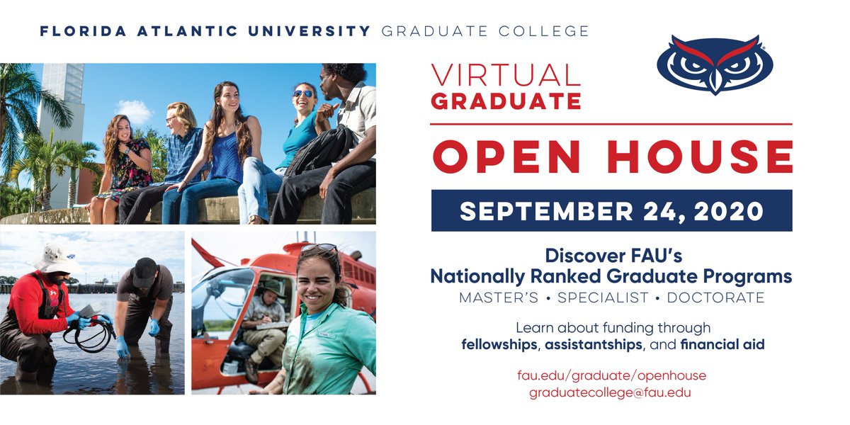 FAUGradCollege's tweet photo. The virtual Graduate Open House is your opportunity to meet with graduate program representatives on topics such as fellowships, assistantships, and financial aid. To register and learn more, check our website:
https://t.co/ek0jjzbkqo
#faugradcollege #graduateopenhouse https://t.co/JIHreDltK9