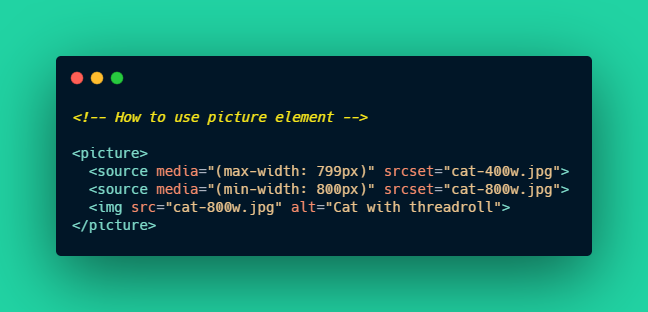 And art direction?When we want to show a wide image on desktop and a cropped square version on mobile.Picture element has got you covered for art direction.