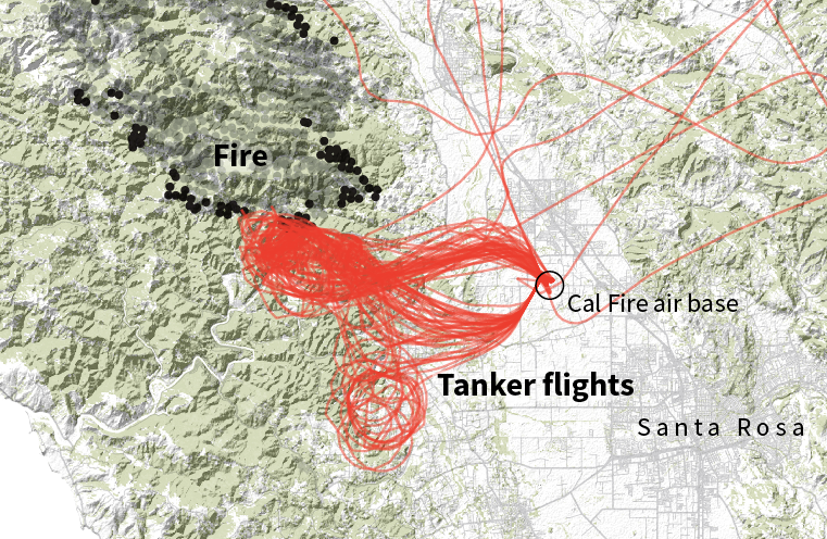 Flight path data, again from August 22 around the LNU Lightening Complex fires, shows how the tankers repeatedly loop around to the edge of the fire before returning to land at the air base.