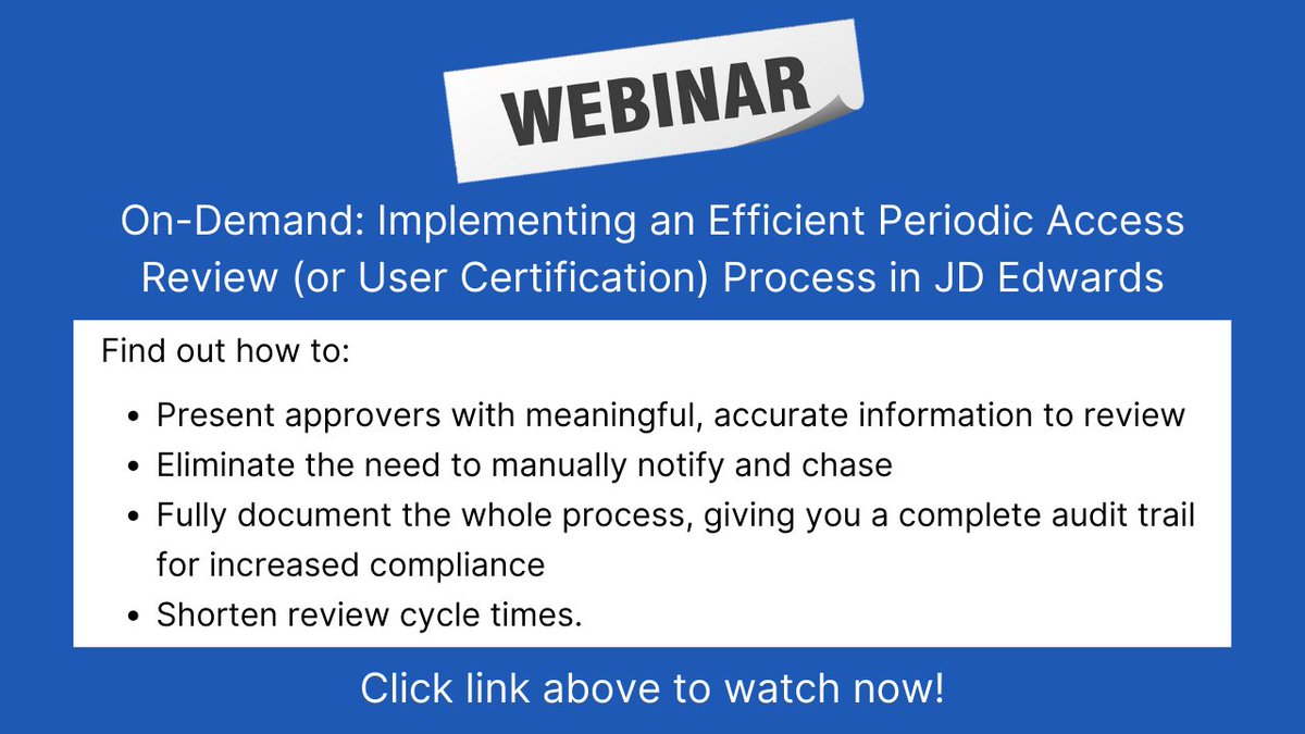 QSoftwareGlobal's tweet photo. Periodic Access Review (aka User Certification) is essential to achieving and demonstrating compliance. This on-demand webinar for #JDEdwards E1 users explains how to make the process much easier. Watch here: https://t.co/hEpPkwAGw5
#audit #ERP #ITGC #UserCertification https://t.co/yM604kNiJS