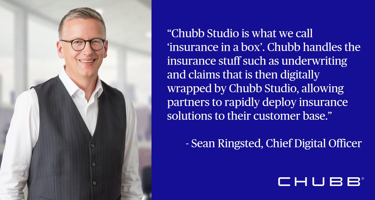 Chubb's tweet photo. Today, we launched Chubb Studio.  Sean Ringsted, Chubb’s Chief Digital Officer, refers to the innovative new digital partner platform as “insurance in a box.” https://t.co/t01iXbqD5b #ChubbStudio https://t.co/THOSJ2BvuG