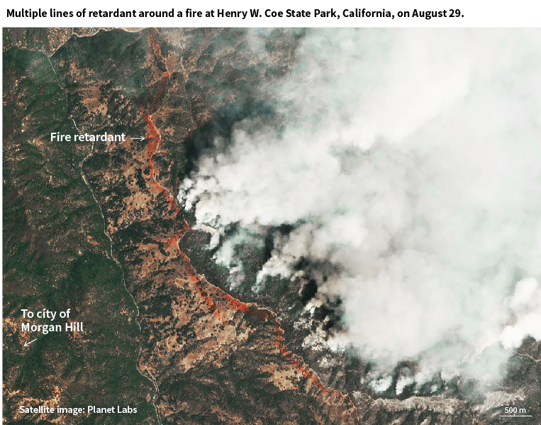 Tankers don’t usually drop retardant directly on the fire itself. Instead, they drop in front of a fire, directing its course or slowing its advance, giving ground crews a chance to control or extinguish it.  Satellite image  @planetlabs