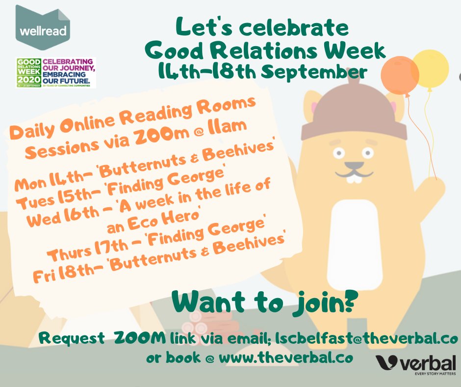MyWellread's tweet photo. Join us next week as we celebrate Good Relations Week from 14th - 18th September. Each morning  at 11am. we'll be hosting live Reading Rooms sessions! 
Book your place here, https://t.co/iotwYMhARR 
#WellRead #GRW2020 https://t.co/vEf2V5NYqk