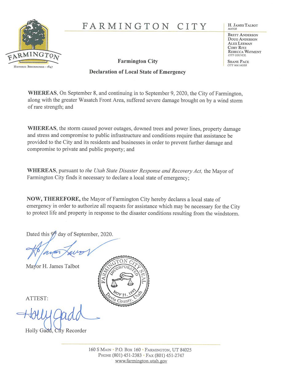 kslnewsradio's tweet image. "The Mayor of .@FarmingtonCity  hereby declares a local state of emergency in order to authorize all requests for assistance which may be necessary for the City to protect life and property in response to the Disaster conditions resulting from the windstorm."

#utwind