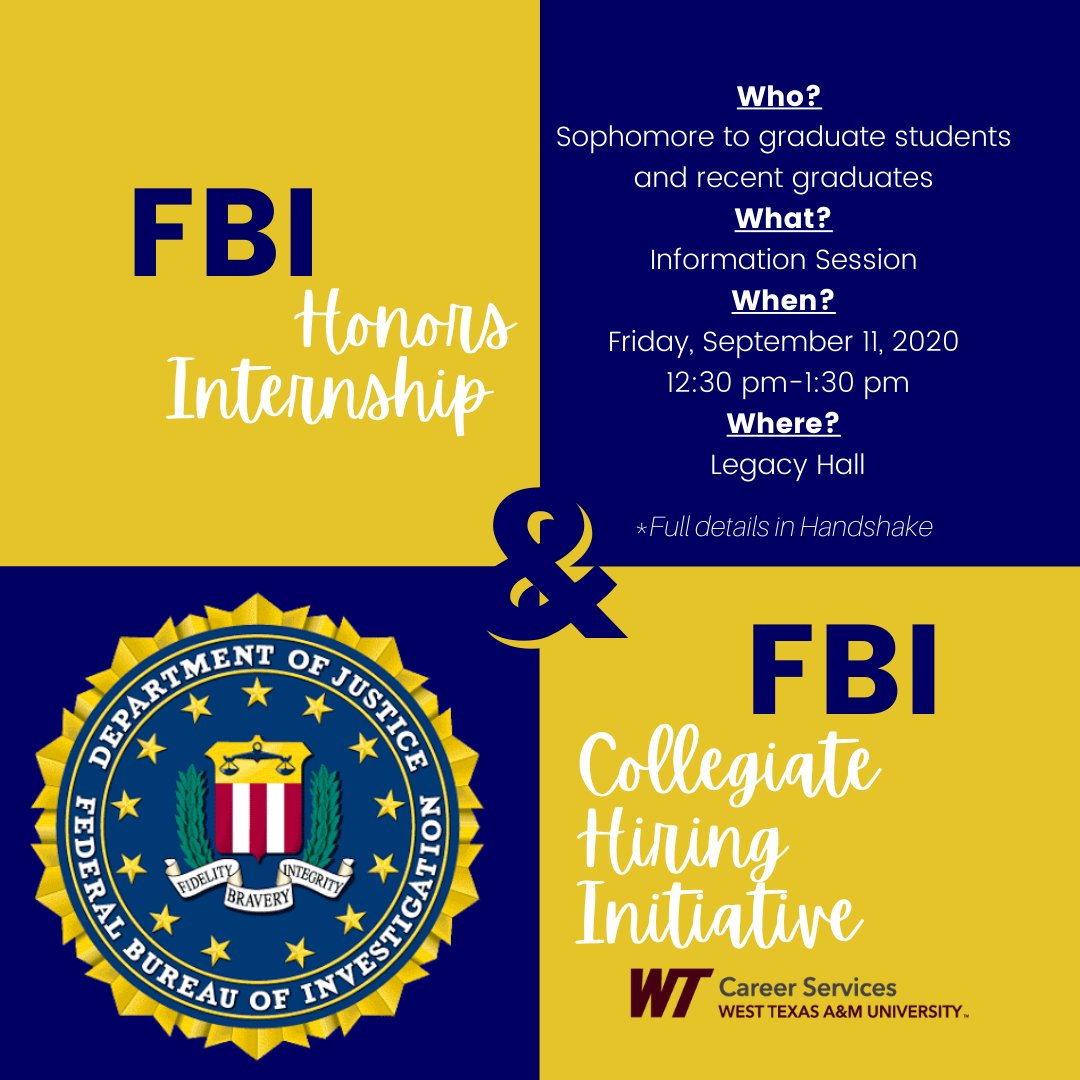 wtcareer's tweet photo. Calling ALL majors!! Have you heard? 👂 The FBI is offering several internship apportunities for summer 2021 and want WT students just like YOU!🤙 Come to the information session to learn all about it! https://t.co/f5DO0Kzez2