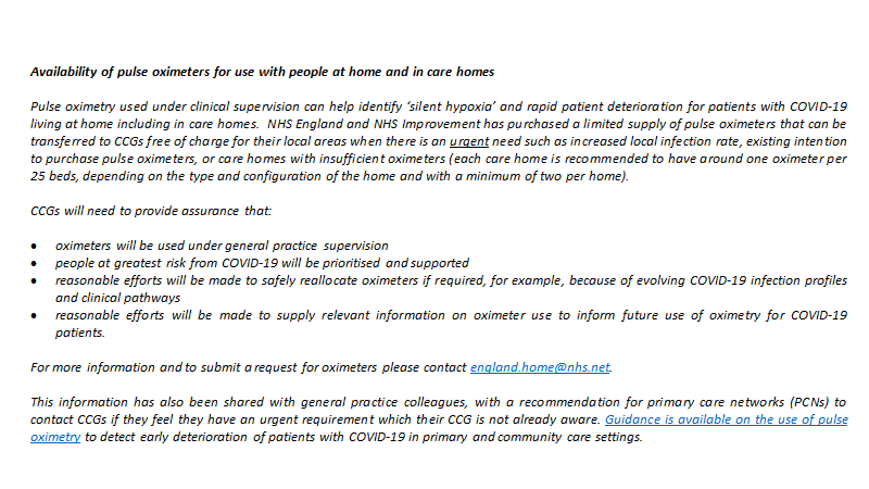 FAO GPs/Community with increased local numbers of COVID cases- pulse oximeter requesting advice to enable remote monitoring of patients to detect silent hypoxia and manage patients in a COVID virtual ward. 🙏collect data, so we can optimise the pathway/prevent late presentations