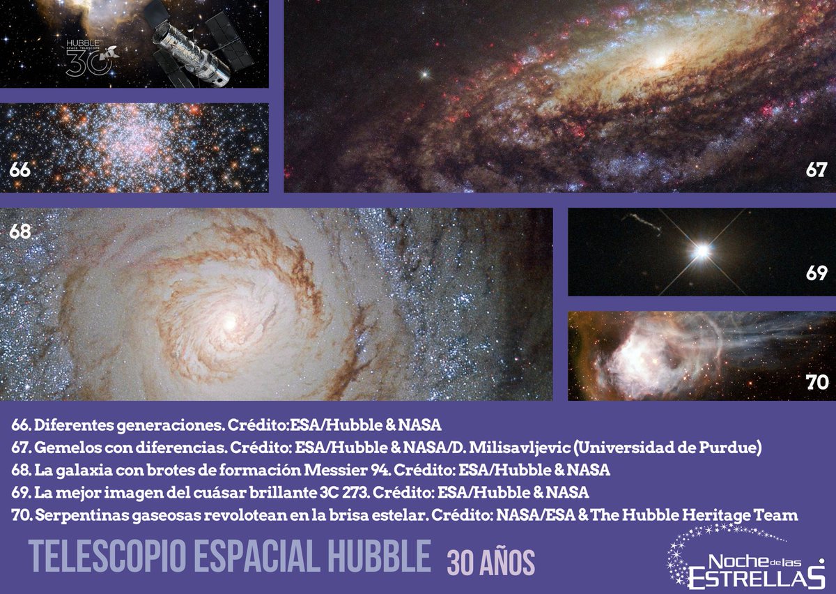 NocheEstrellas's tweet photo. Otras 5 de las mejores #100imágenes del #Hubble30. #NdE2020 #ElUniversodevelado. 66. Diferentes generaciones. 67. Gemelos con diferencias. 68. Galaxia con brotes de formación #M94. 69. La mejor imagen del #cuasar #3C273. 70. Serpentinas gaseosas revolotean entre la brisa estelar. https://t.co/L6eagm7Wrx