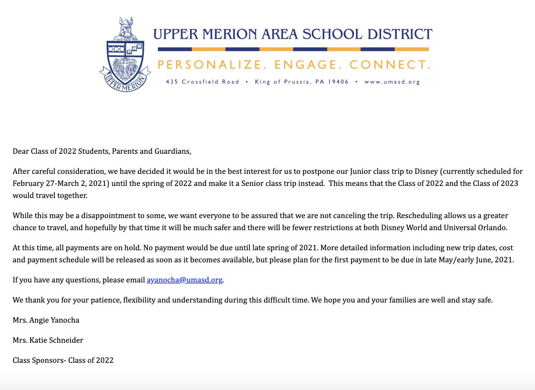 Disney information for <a href="/UpperMerion2022/">UM Class Of 2022</a>  The trip for the Class of 2022 has been postponed to allow for a greater chance to travel &amp; to allow for a trip with less restrictions on site in Orlando. See info below. This DOES NOT alter the plans for the Class of 2021 at this time.