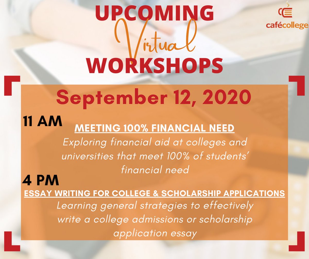 cafecollege's tweet photo. ❗️THIS SATURDAY❗️
Click the links below to register for these two workshops that will help prepare our students for success!

Exploring Financial Aid Workshop:
https://t.co/zKgmUUEH3B

Essay Writing Workshop:
https://t.co/6L5j9moaYV https://t.co/zhNRE7rQQG