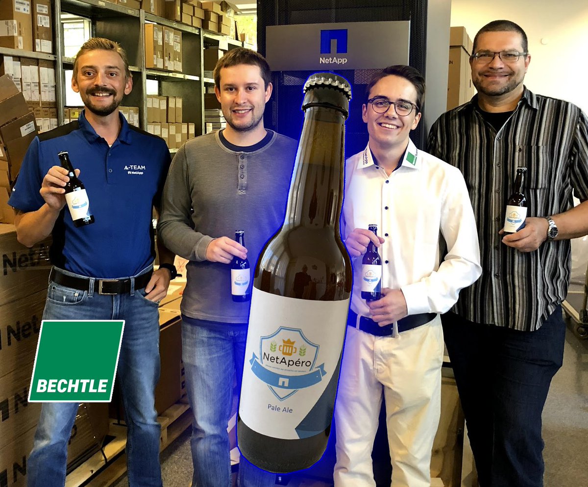Der_Schmitz's tweet photo. The NetApp Competence Center Team from #Lakeconstance says: "Thank You @NetAppDACH for the beer". Bottles not opened yet. We want it #ONTAP later (Although we´re installing #NetAppHCI atm 😉) . #NetAppATeam #Bechtle https://t.co/UQlNx5ndDw