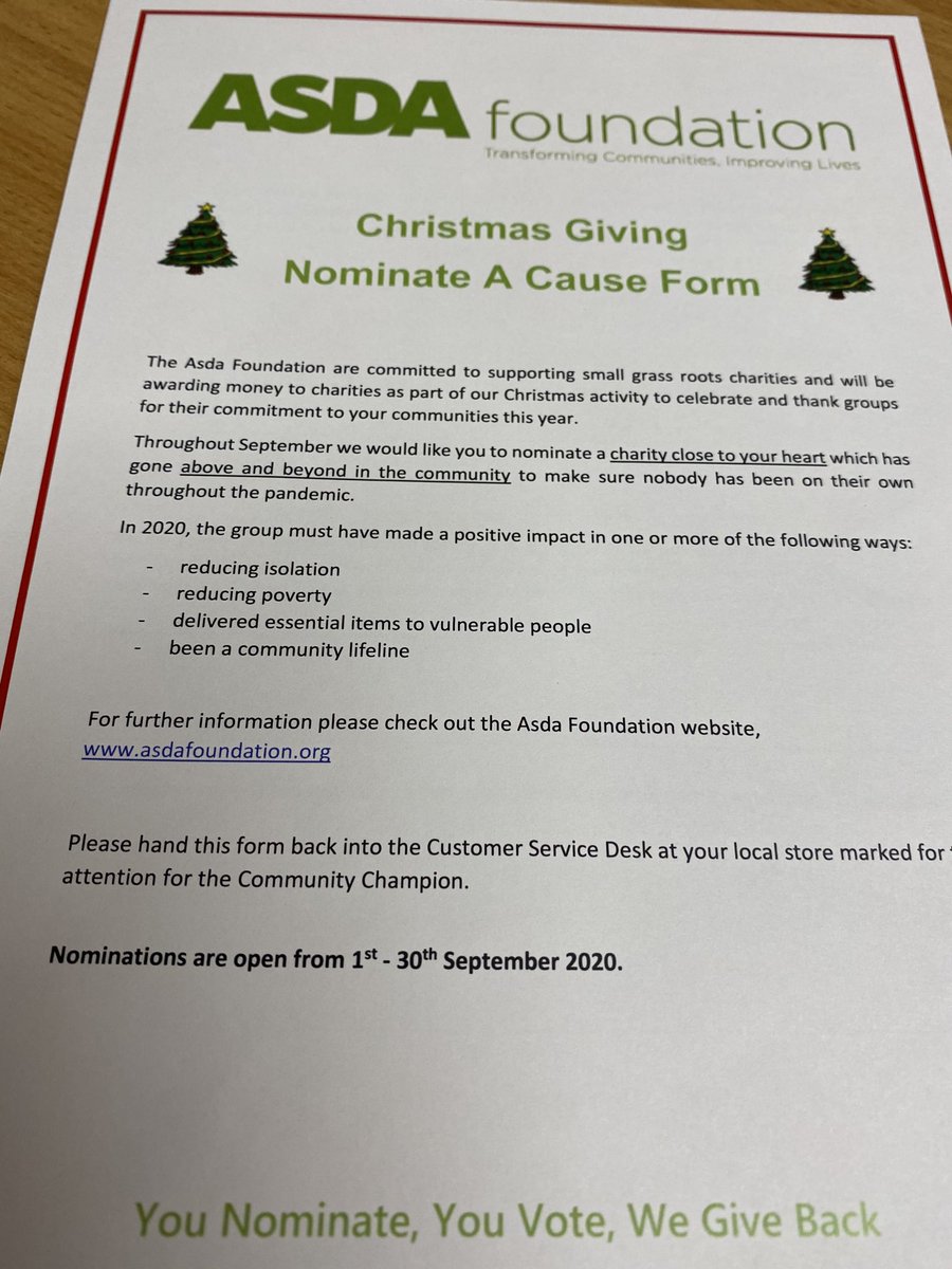 AsdaBolton's tweet image. @asdabolton Burnden Park Farnworth Horwich , #christmas  #giving #nominate #charity #not for profit #local good cause, pick up a form today from the community board return to customer service !