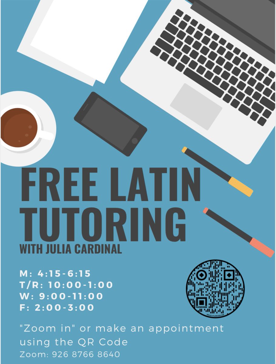 DuqHistory's tweet photo. In need of a Latin Tutor? Latin tutoring is available Mondays 4:15-6:15, Tuesday/Thursday 10-1, Wednesday 9-11, and Friday 2-3 and use the QR code in the flyer! #latintutor #tutoring https://t.co/kTKEfBXKiF