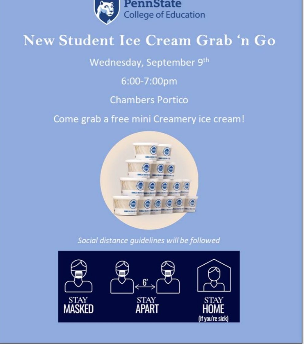PSU_CollegeOfEd's tweet photo. Reminder New College of Ed Students: Don't miss your chance to grab a free mini Creamery ice cream at the New Student Ice Cream Grab N'Go from 6-7 p.m. tonight in Chambers Portico! https://t.co/tooQWFGNUS