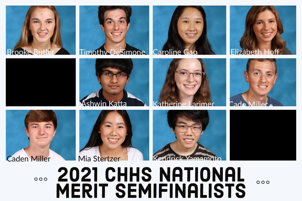 CHHSDrWhitfield's tweet photo. CONGRATULATIONS to the 2021 CHHS National Merit Semifinalists:  
- Brooke Butler
- Timothy DeSimone
- Caroline Goa
- Elizabeth Hoff
- Ashwin Katta 
- Katherine Larimer
- Cade Miller
- Caden Miller
- Mia Stertzer
- Kendrick Yamamoto 
We’re so proud of you! Way to #RepThePride 🐾 https://t.co/MnUiCcaCNT