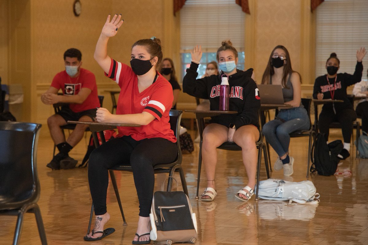 suny_cortland's tweet photo. First-year students attended a COR 101 class this morning in Jacobus Lounge. SUNY Cortland is using non-traditional spaces on campus as classrooms to promote social distancing. #RedDragonSafe https://t.co/1M1ezTjBSD