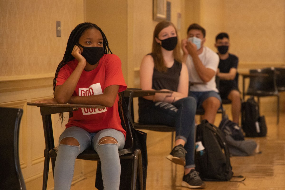 suny_cortland's tweet photo. First-year students attended a COR 101 class this morning in Jacobus Lounge. SUNY Cortland is using non-traditional spaces on campus as classrooms to promote social distancing. #RedDragonSafe https://t.co/1M1ezTjBSD