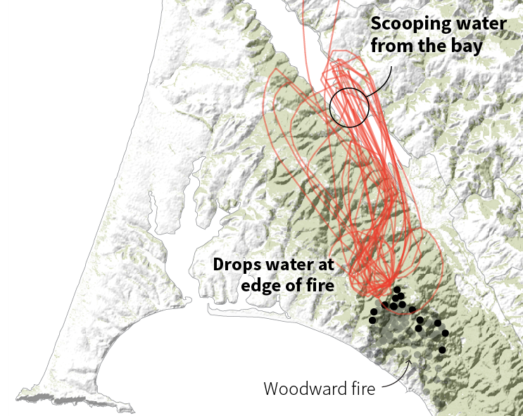 According to flight tracking data from FlightRadar24, for example, aircraft number N386AC made two flights and dozens of repeated water scoops to tackle the Woodward fire on August 23.