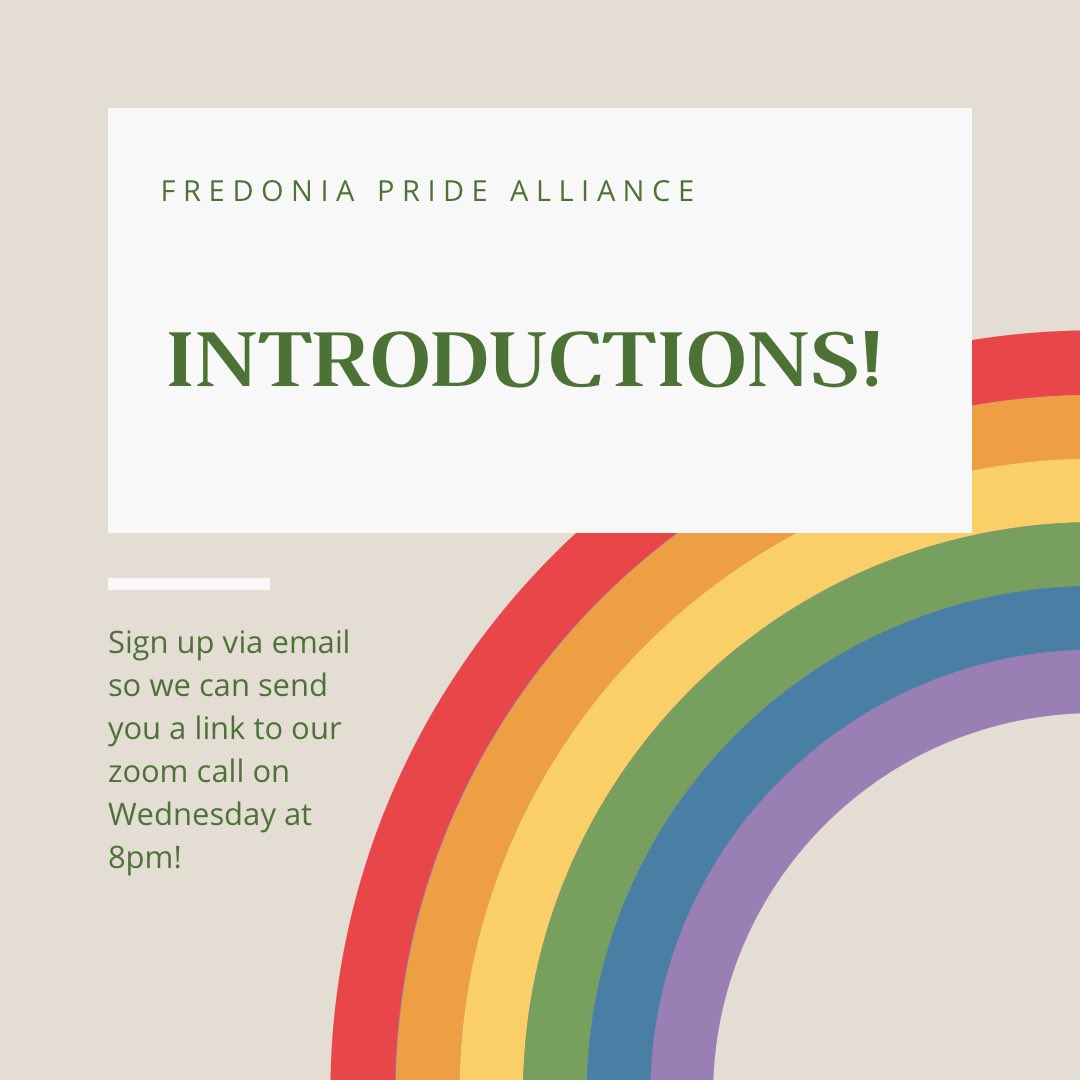 PrideAtFredonia's tweet photo. Our first GB will be tonight at 8pm! Be sure to sign up to our emailing list @ fredoniapridealliance@fredonia.edu to get a link to the zoom meetings! https://t.co/70ibjbc2Pg