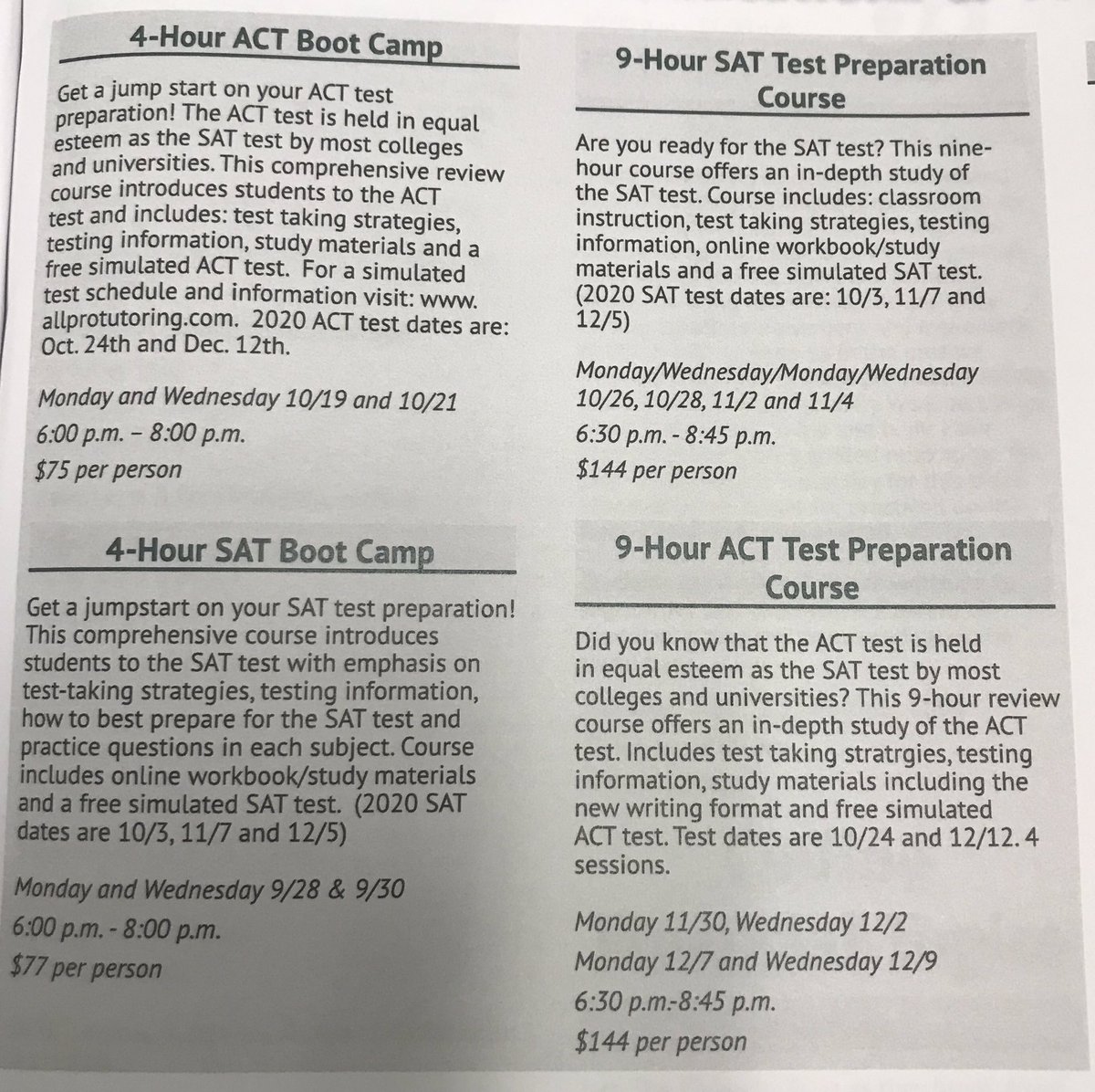 LP_CommunityEd's tweet image. The Community Education Department is offering four online classes to get students ready for the upcoming ACT and SAT testing.  Click on the link below to register. lew-port.coursestorm.com