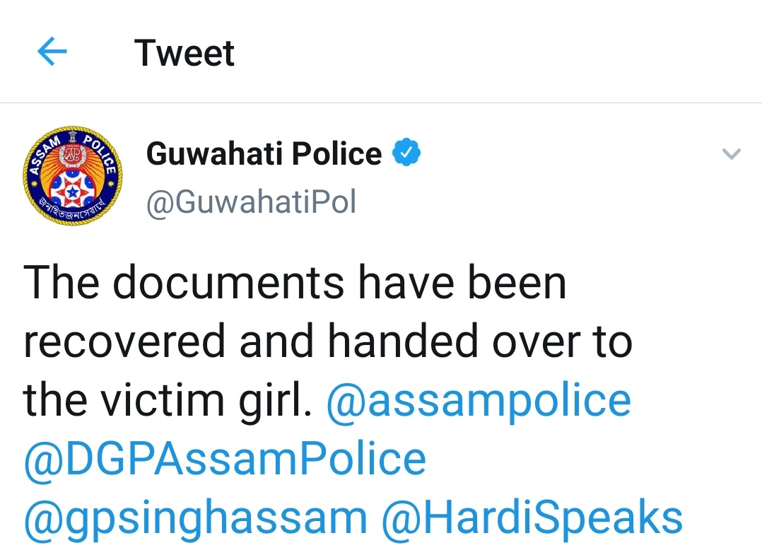 DGPAssamPolice's tweet photo. A student from Cotton University posted a video in desperation.
She had lost her docs (snatched actually!) in Guwahati.

...and she has exam scheduled tomorrow!
Her appeal touched many tweeple...
including us.

We just could not let her down.

Result?!?👇 https://t.co/yJN73lVMFK