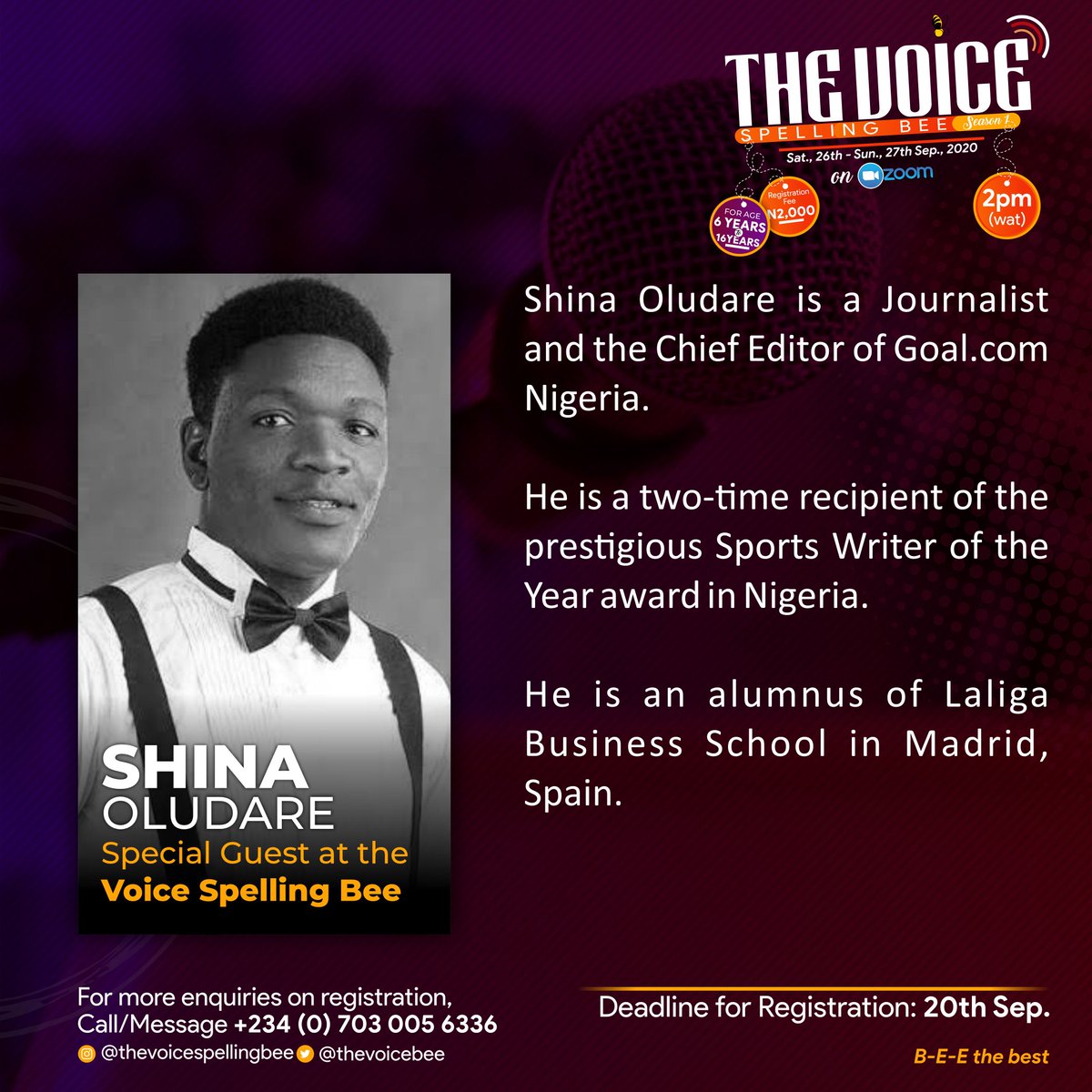 VoiceOfAdeBob's tweet photo. My big bros @sportingshina is the special guest at my programme, @thevoicebee .

Registration ends SOON!

To register, call/message 07030056336. https://t.co/aptirgd2bQ