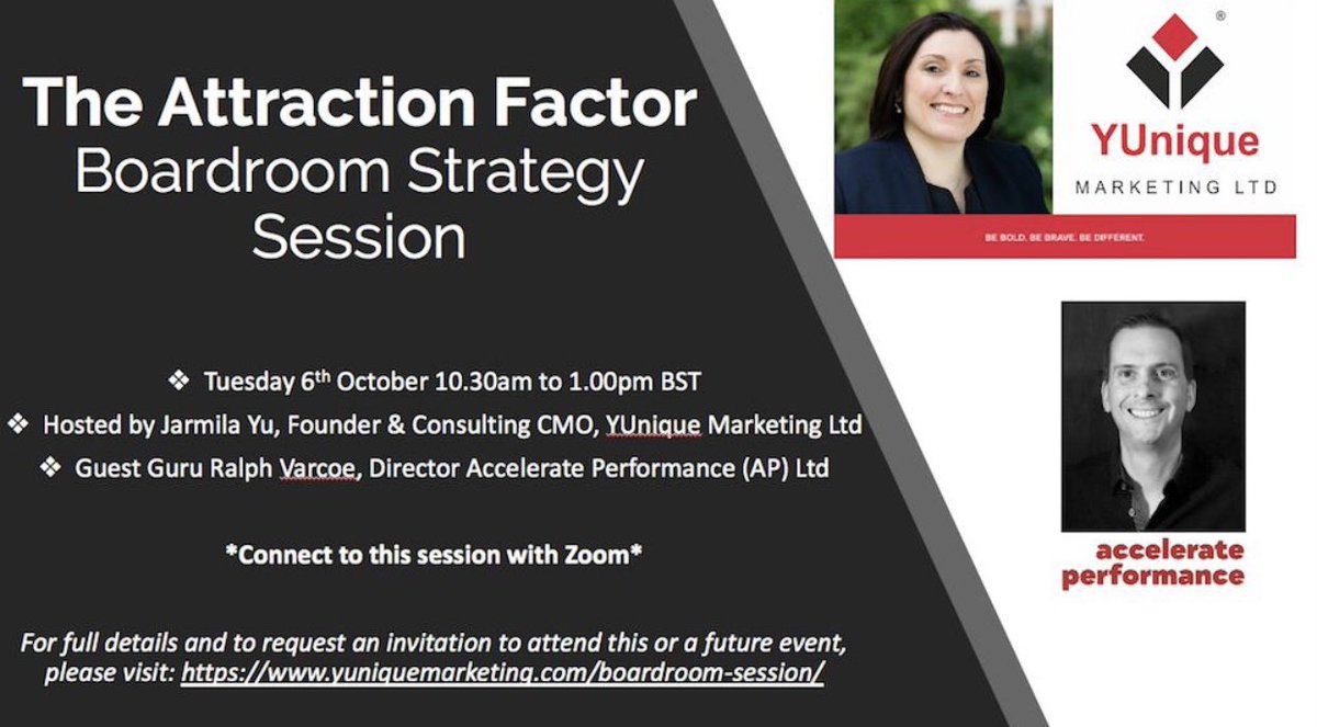 YUnique_Mktg's tweet photo. Announcing our next Attraction Factor Boardroom Strategy Zoom Session October 6th. We’ll be joined by @RalphVarcoe in the Guest Guru seat. Full details & to attend: https://t.co/pnPzAfMeK5
#insightstoimpact #marketingstrategy #brand #businessgrowth #accelerateperformance https://t.co/KArqfvtmvQ