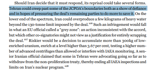 5/ That assessment was incorrect.As  @CrisisGroup warned in Jan 2019, by upending JCPOA's core bargain - nuclear restrictions for economic relief - likelihood was that Iranians would respond to the evaporation of the latter by downgrading compliance with former.