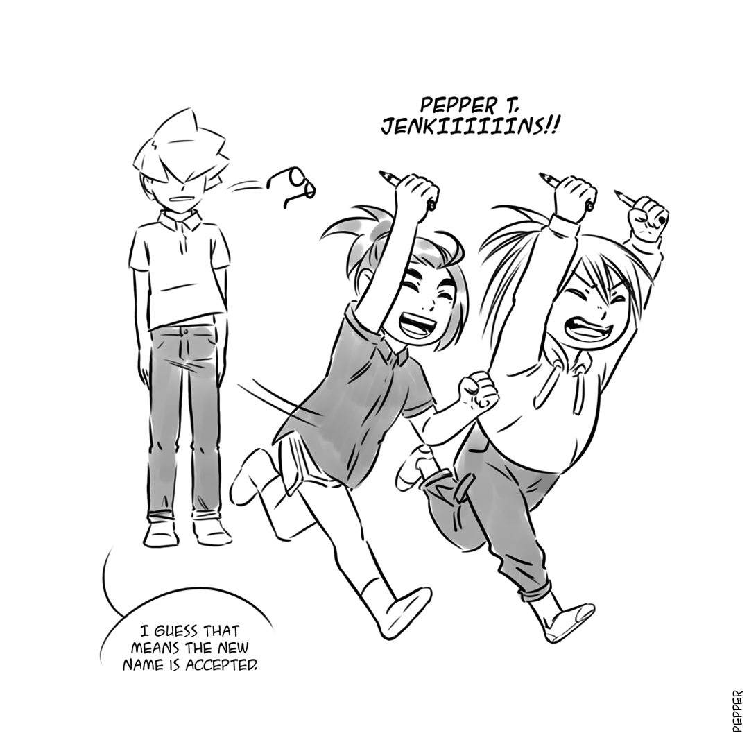 PepperTJenkins's tweet photo. [IMPORTANT NEWS] [THREAD] 3/3:

Miss Pepper Cat is gone. 
Long live Pepper T. Jenkins!

I'll update all my website in the next few weeks &amp; let you know about the new links ^^

(Bonus points to people picking up the not so hidden references in the comics!)

#PencilToPaperToPepper https://t.co/829epkAya9