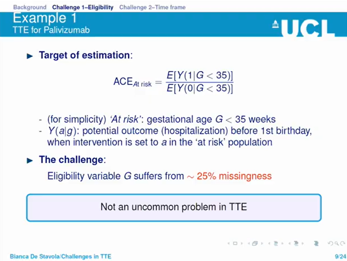 9/n  Missingness in eligibilityE.g: interested in effectiveness of palivizumab in preventing hospitalisation in high risk population (premature infants high risk)Problem: we're missing ~25% data on gestational age (i.e. missing information on eligibility)