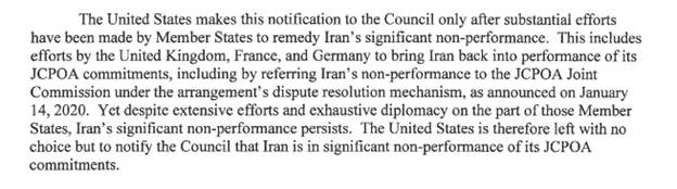 6/ As Iran began breaching its commitments from May 2019, P4+1 stepped up efforts to salvage the agreementThen it gets farcical: to justify triggering UN snapback, State Dept cites failure of European diplomacy to remedy US violation in claiming Iranian non-performance