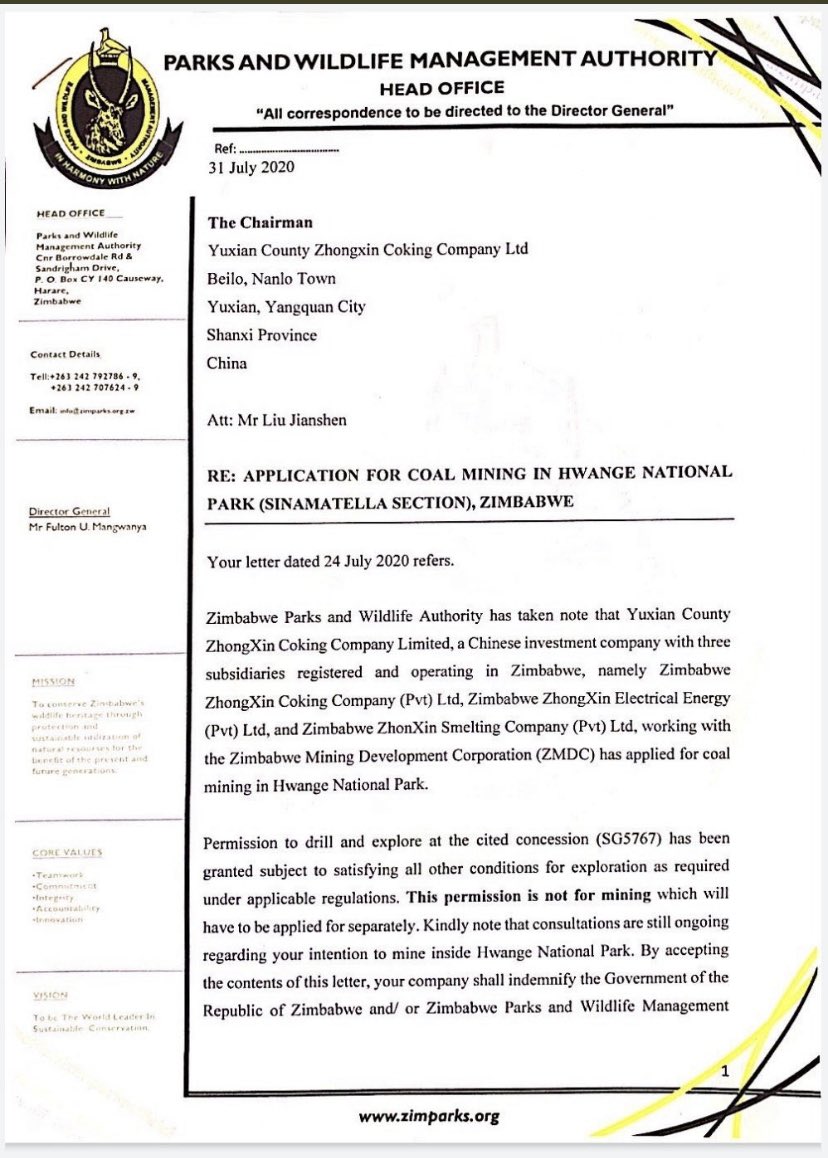 Wamagaisa's tweet photo. The regime blamed Robert Mugabe for giving the Chinese permission to do exploration in Hwange National Park. But this V11 speaks for itself. Your view Secretary @nickmangwana ? https://t.co/sa2UZzTAE3